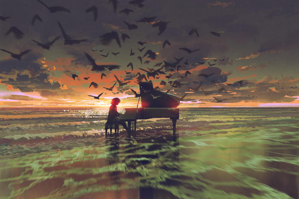 How to grow from your pain - man playing piano on the ocean
