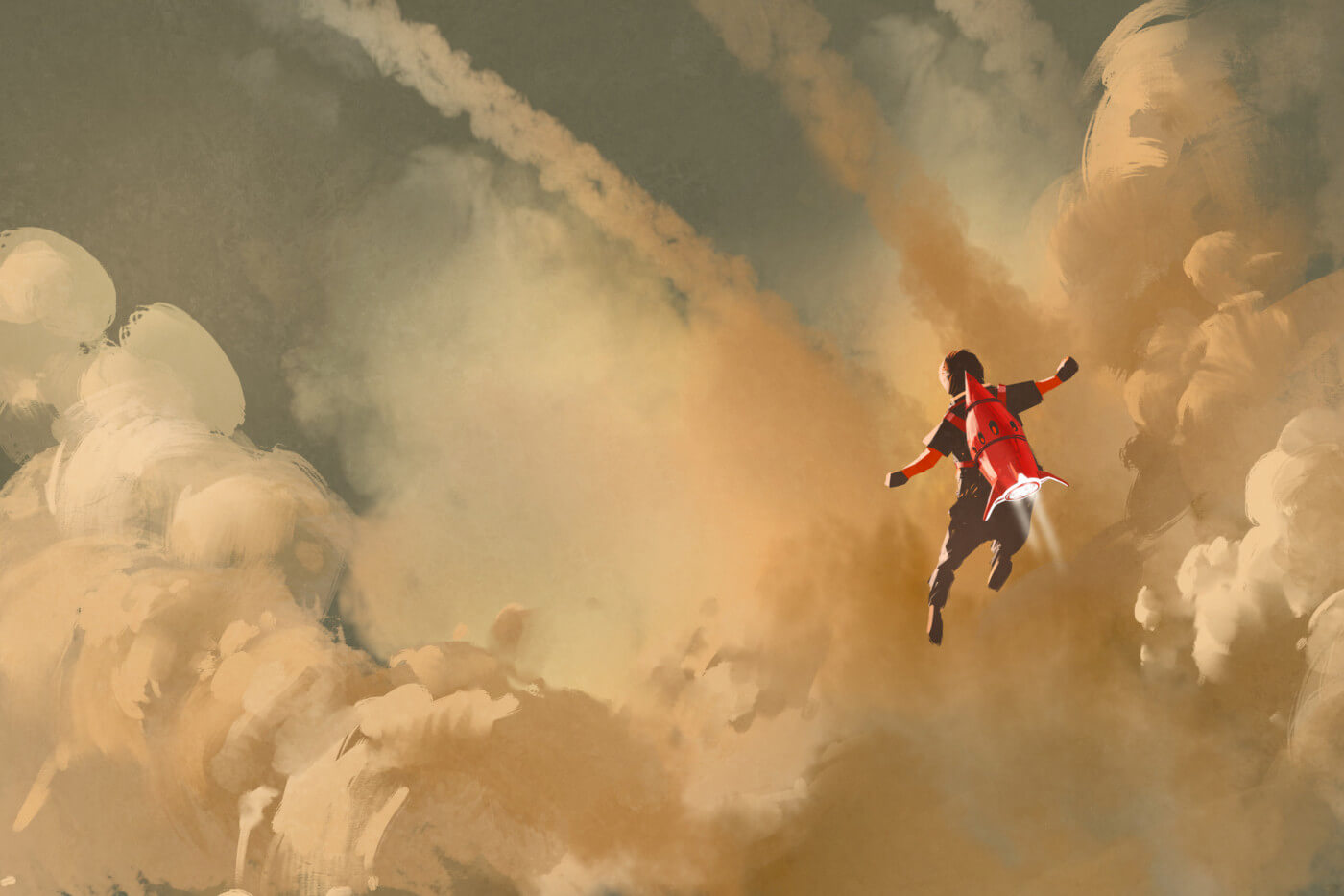 Conflict resolution: boy in clouds with jetpack