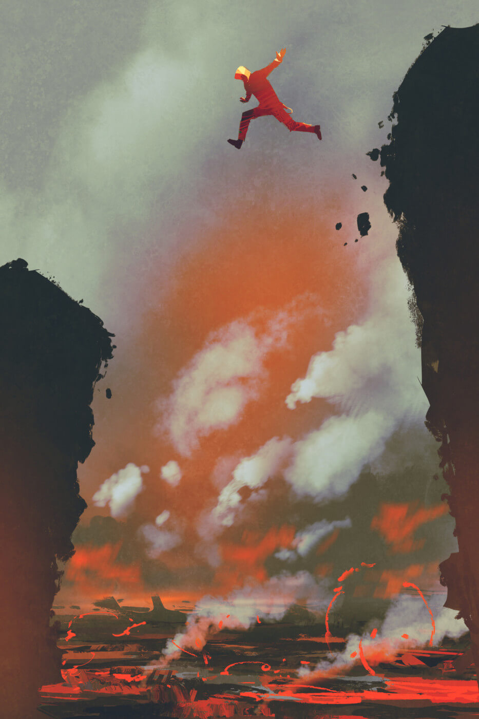 Conflict resolution: man jumping from cliff over lava